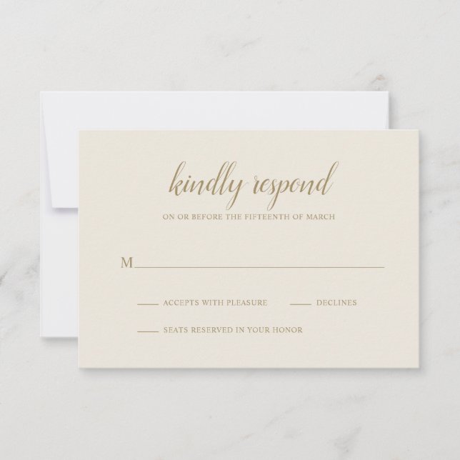 Elegant Simple Formal Neutral Gold Ivory Wedding RSVP Card (Front)