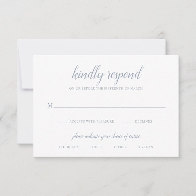 Elegant Simple Formal Script Dusty Blue Wedding RSVP Card (Front)