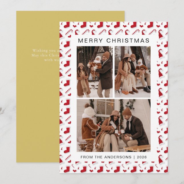 Elegant Simple Frame Christmas Family 3 Photo Holiday Card (Front/Back)