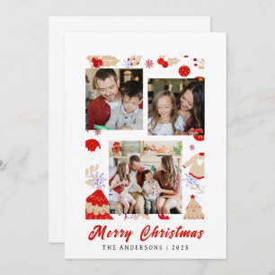 Elegant Simple Frame Christmas Family 3 Photo Holiday Card