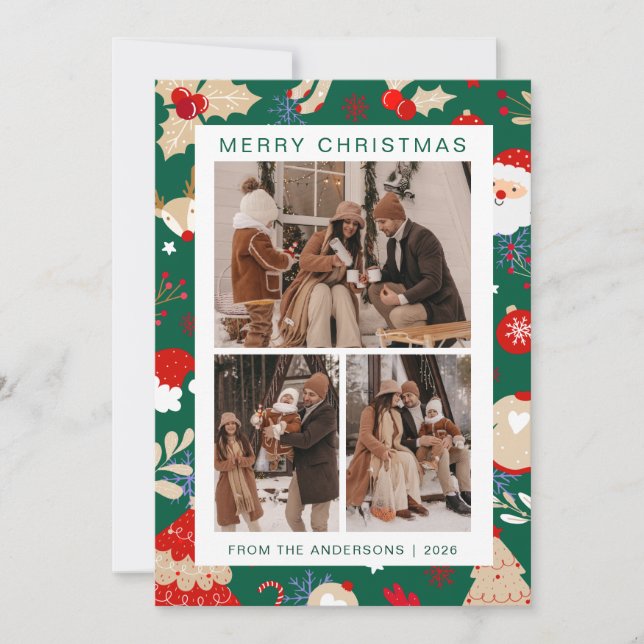 Elegant Simple Frame Christmas Family 3 Photo Holiday Card (Front)