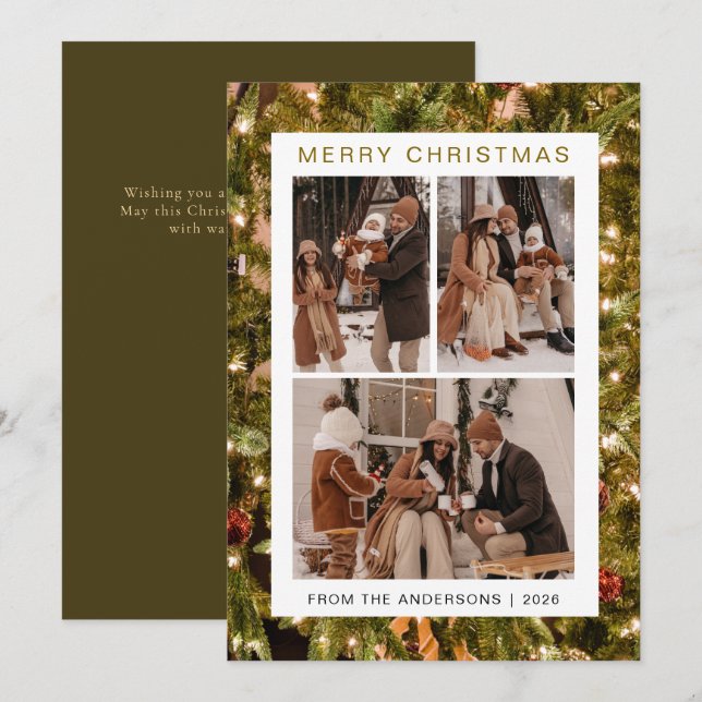 Elegant Simple Frame Christmas Family 3 Photo Holiday Card (Front/Back)