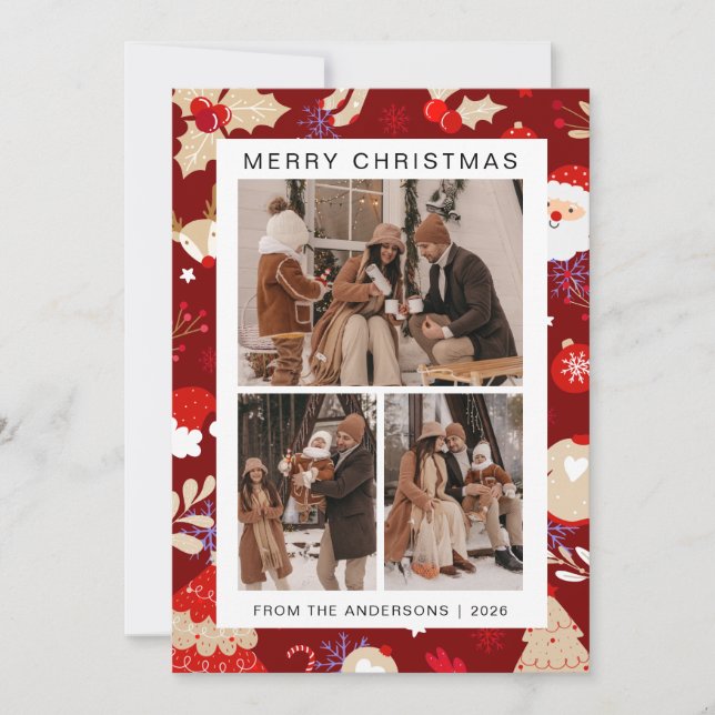 Elegant Simple Frame Christmas Family 3 Photo Holiday Card (Front)