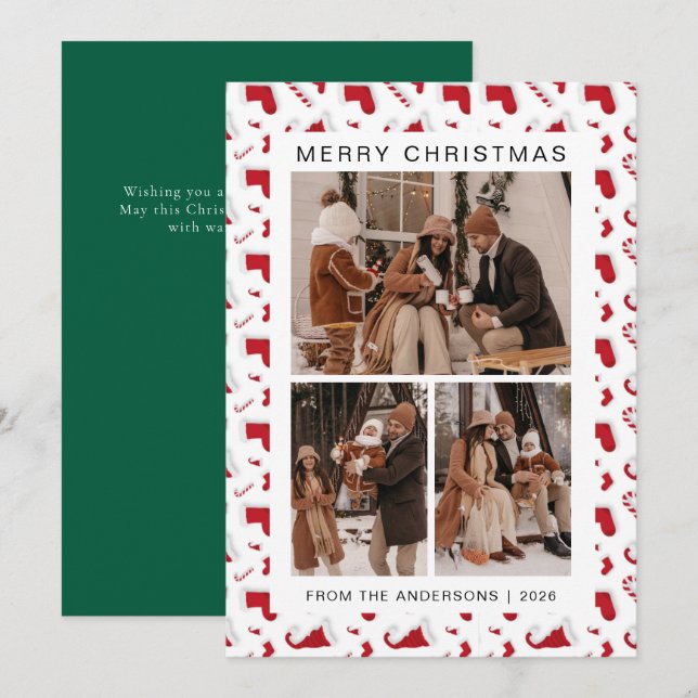 Elegant Simple Frame Christmas Family 3 Photo Holiday Card (Front/Back)