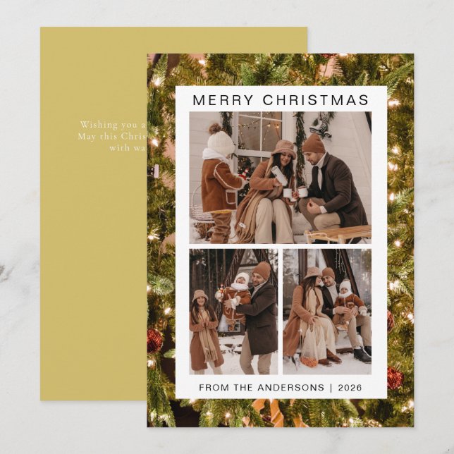 Elegant Simple Frame Christmas Family 3 Photo Holiday Card (Front/Back)