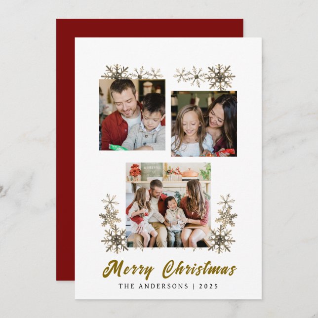Elegant Simple Frame Christmas Family 3 Photo Holiday Card (Front/Back)