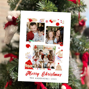Elegant Simple Frame Christmas Family 3 Photo Holiday Card