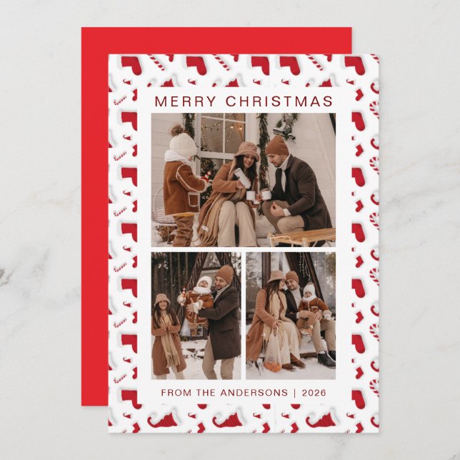 Elegant Simple Frame Christmas Family 3 Photo Holiday Card (Front/Back)