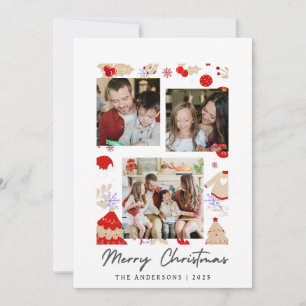 Elegant Simple Frame Christmas Family 3 Photo Holiday Card
