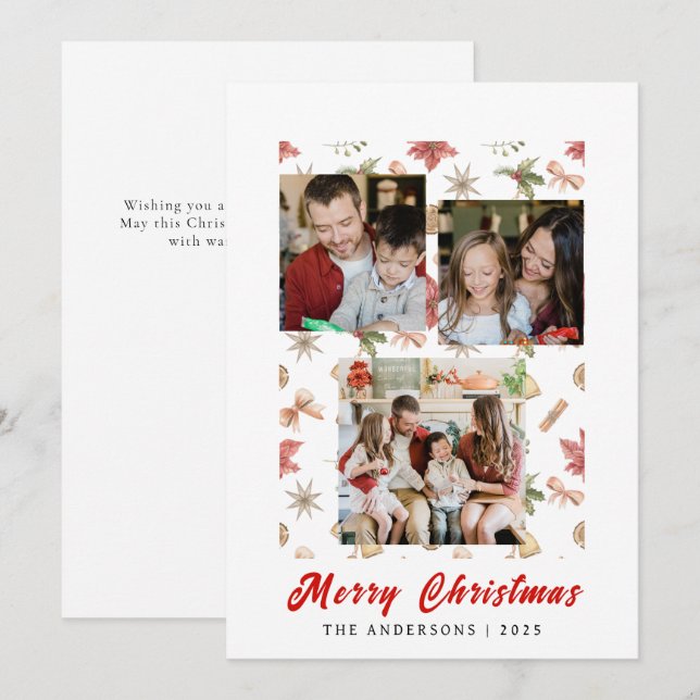 Elegant Simple Frame Christmas Family 3 Photo Holiday Card (Front/Back)