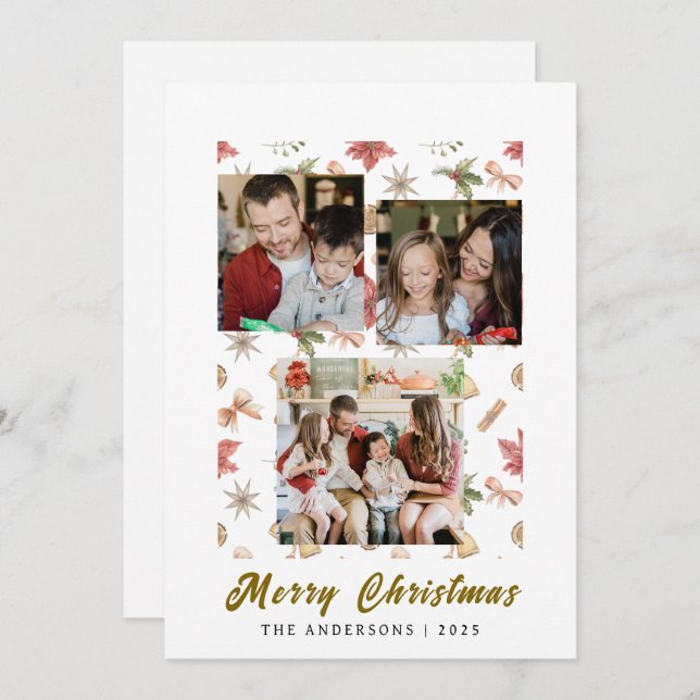 Elegant Simple Frame Christmas Family 3 Photo Holiday Card (Front/Back)