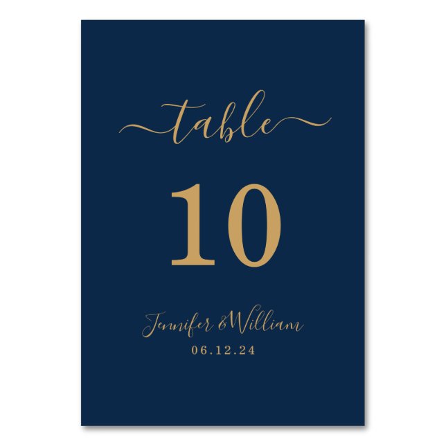 Elegant Simple Glam Script Wedding Gold Navy  Table Number (Front)