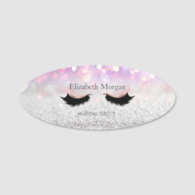 Elegant Simple Glitter Bokeh Faux Lashes Name Tag (Front)