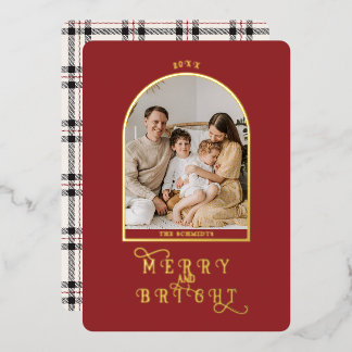 Elegant Simple Gold Arch Family Photo w Red Plaid Foil Holiday Card