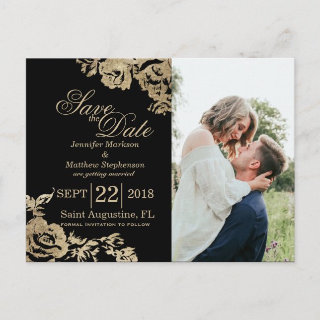 Elegant Simple Gold Black Floral Save the Date Announcement Postcard (Front)