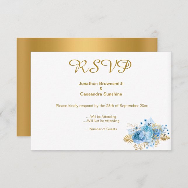 ELEGANT SIMPLE GOLD BLUE FLORAL GOLD RSVP INVITATION (Front/Back)