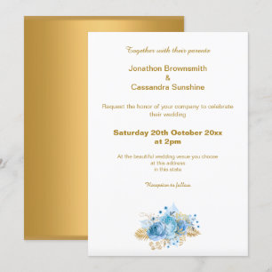 ELEGANT SIMPLE GOLD BLUE FLORAL GOLD WEDDING INVITATION