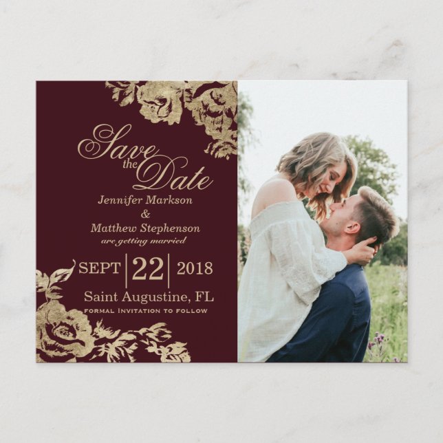 Elegant Simple Gold Burgundy Floral Save the Date Announcement Postcard (Front)