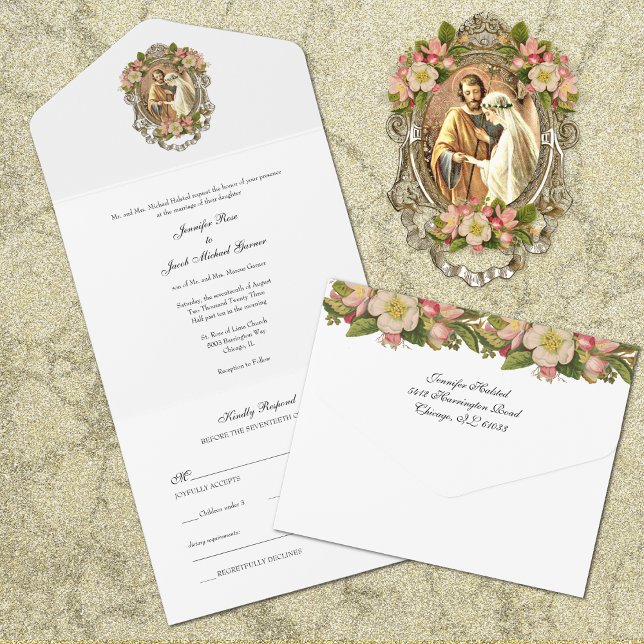 Elegant Simple Gold Catholic Floral Wedding  All I All In One Invitation (Creator Uploaded)