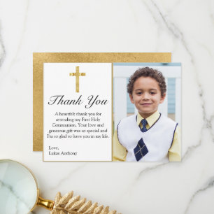 Elegant Simple Gold Cross First Holy Communion Thank You Card