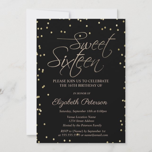 Elegant Simple Gold Diamonds Black Sweet 16 Invitation (Front)