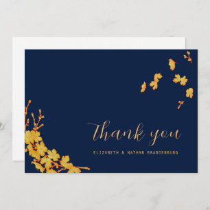 Elegant Simple Gold Flowers Navy Blue Thank You Card