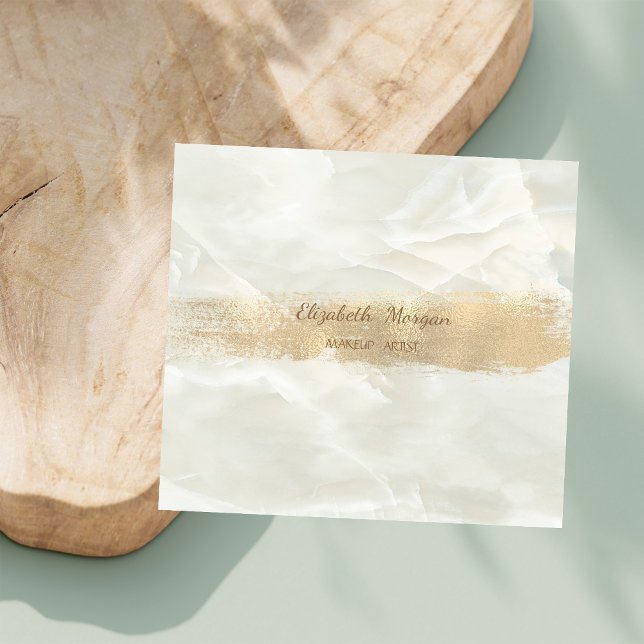 Elegant Simple Gold Foil Brush Stroke,White Marble Square Business Card (Creator Uploaded)