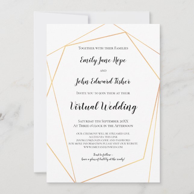 Elegant Simple Gold Geometric Virtual Wedding Invitation (Front)