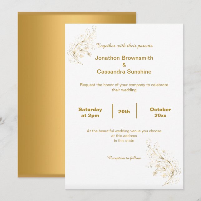 ELEGANT SIMPLE GOLD LEAF GOLD REVERSE WEDDING INVITATION (Front/Back)