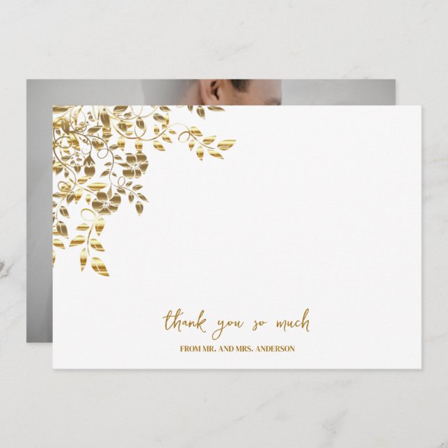 Elegant Simple Gold Name Script Photo Wedding  Thank You Card (Front/Back)