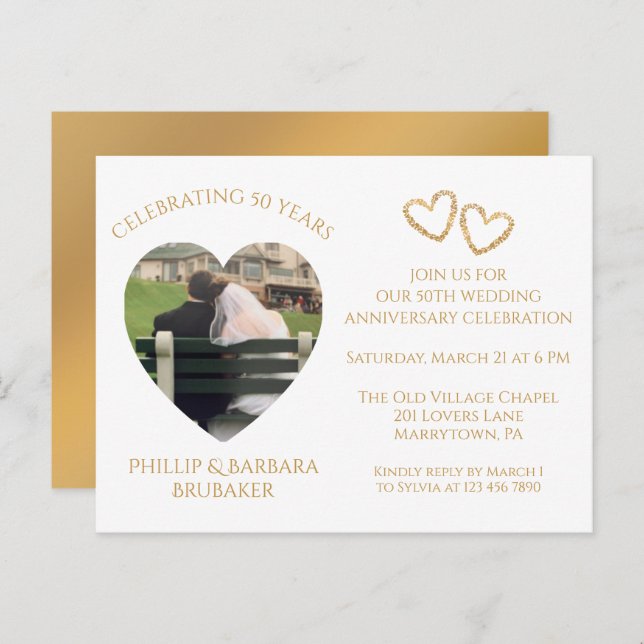 Elegant Simple Gold Photo 50th Wedding Anniversary Invitation Postcard (Front/Back)