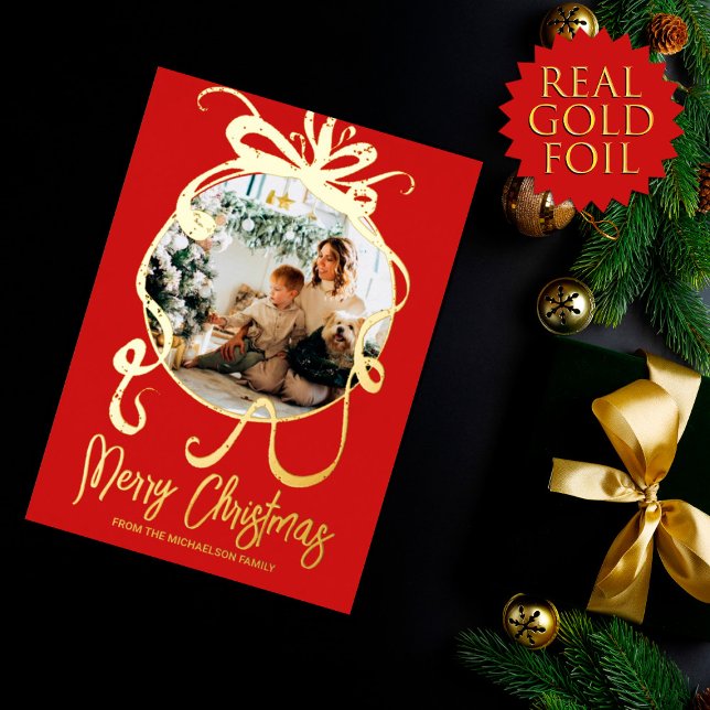 Elegant Simple Gold Red Ornament Bow Family Photo Foil Holiday Card (Creator Uploaded)