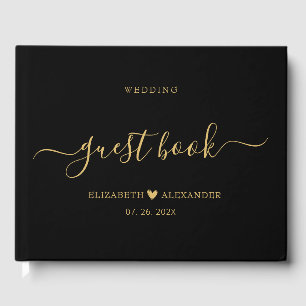 Elegant Simple Gold Script Black Wedding Guest Book