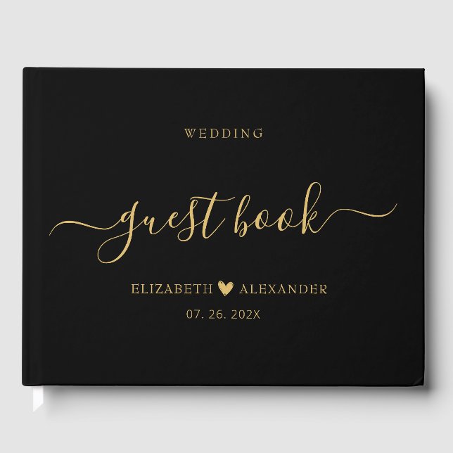 Elegant Simple Gold Script Black Wedding  Guest Book (Front)