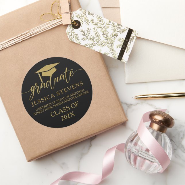 Elegant simple gold script Calligraphy On Black Classic Round Sticker (Gifting)