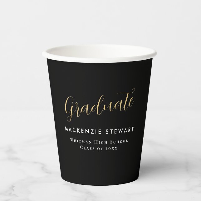 Elegant Simple Gold Script Graduation Black  Paper Cups (Front)