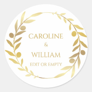 Elegant Simple Gold Wreath Custom Wedding Business Classic Round Sticker