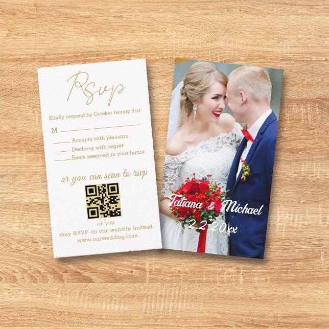 elegant simple golden photo rsvp wedding qr code enclosure card (Creator Uploaded)