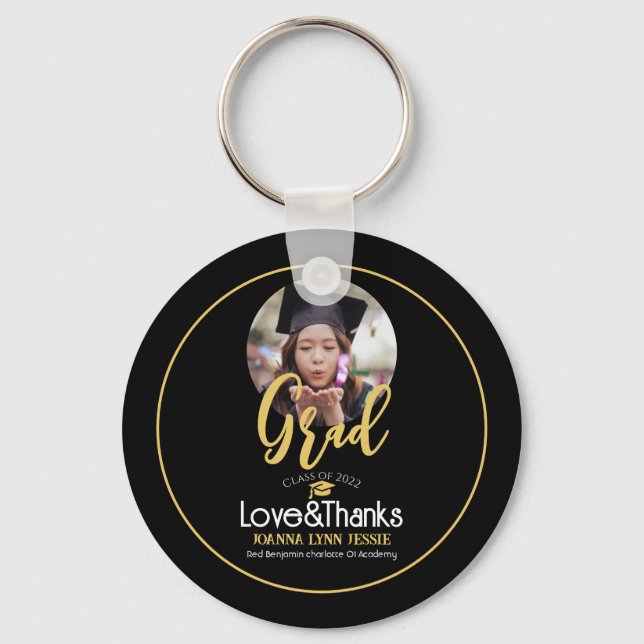 Elegant simple Graduation gold Cap Thanks Script P Key Ring (Front)