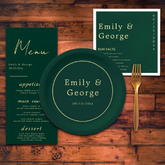 Elegant Simple Green Gold Classy Modern Wedding Paper Plate