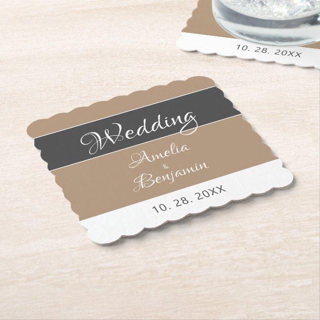 Elegant Simple Grey Beige Script Wedding  Paper Coaster (Angled)