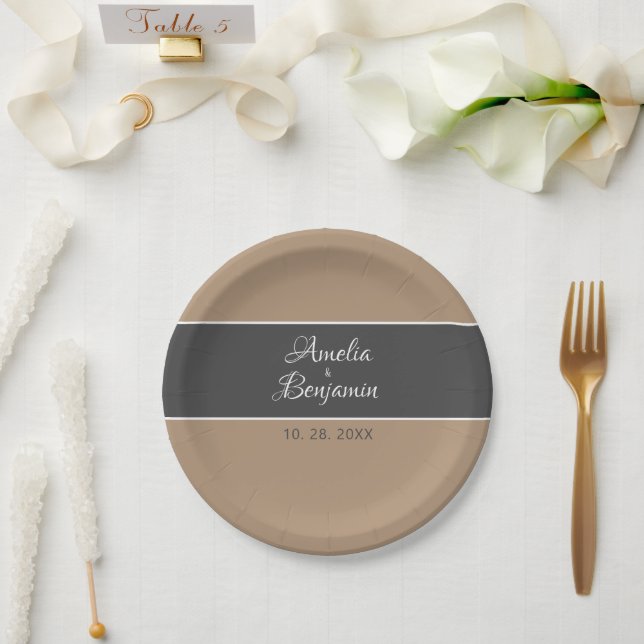Elegant simple grey beige typography wedding paper plate (Wedding)