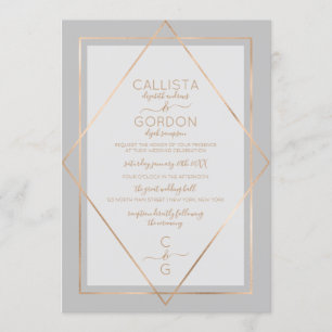 Elegant Simple Grey Gold Geo Border Wedding Invitation