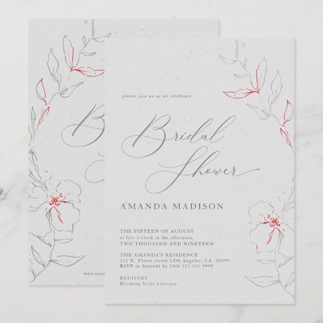 Elegant simple grey & red flowers Bridal Shower Invitation (Front/Back)
