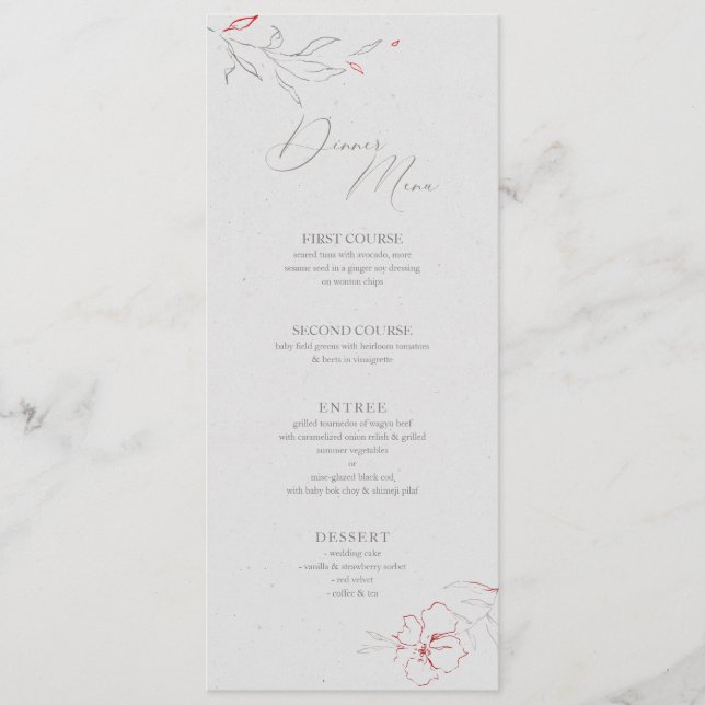 Elegant simple grey & red flowers Dinner Menu (Front)
