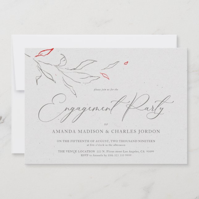 Elegant simple grey & red flowers Engagement Party Invitation (Front)