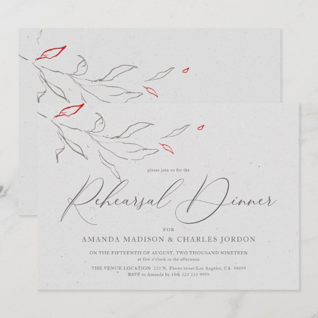 Elegant simple grey & red flowers Rehearsal Dinner Invitation (Front/Back)