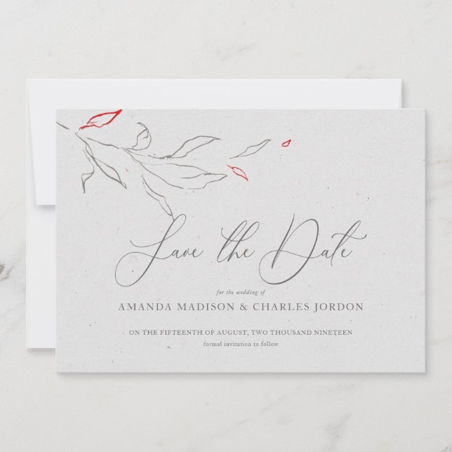 Elegant simple grey & red flowers Save the date Invitation (Front)