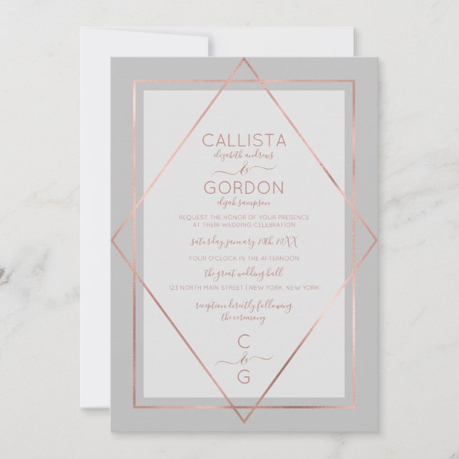 Elegant Simple Grey Rose Gold Geo Border Wedding Invitation (Front)