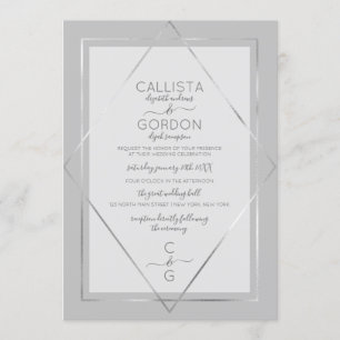 Elegant Simple Grey Silver Geo Border Wedding Invitation